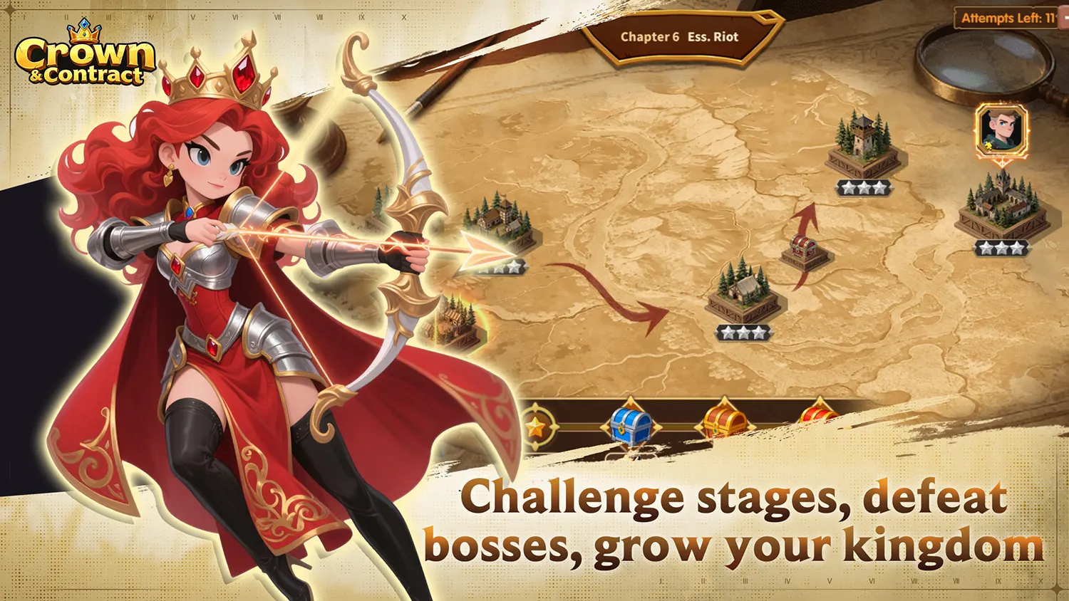 Challenge stages, defeat bosses, grow your kingdom